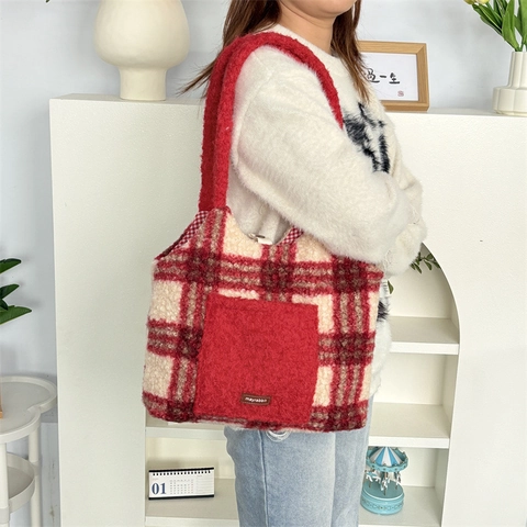 Kunstfell Shopper Gestreift Kariert Patchwork Große Kapazität Schultertasche Winter Warm Weiche Plüsch Handtasche
