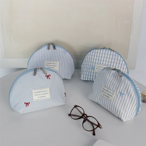 Borsa Trucco In Tela Di Cotone Forma Conchiglia Righe Quadri Con Fiocco Ricamato Per Donna Viaggio Organizzatore