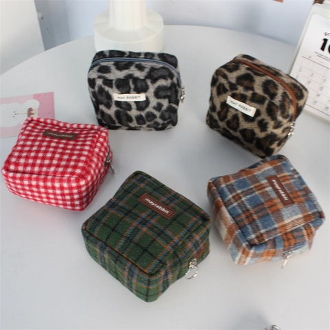 Mini Square Makeup Pouch Woolen Plaid Leopard Print Cosmetic Bag Zipper Portable Travel Organizer