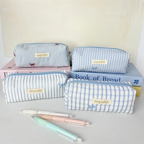 Cotton Striped Pencil Case Large Capacity Checked Stationery Storage Bag Portable Travel Toiletry Organizer Pouch For Students