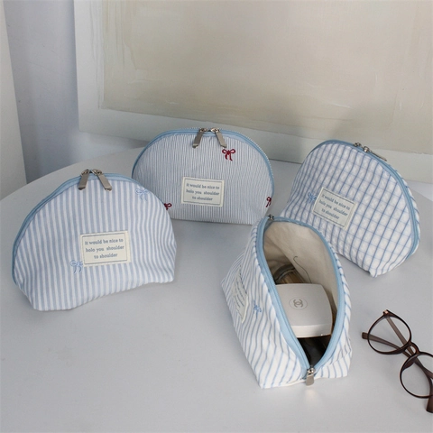 Borsa Trucco In Tela Di Cotone Forma Conchiglia Righe Quadri Con Fiocco Ricamato Per Donna Viaggio Organizzatore
