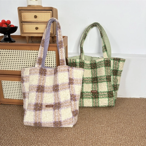 Borsa Tote In Peluche Grande Capacità Reversibile A Quadretti Lana Di Agnello Borsa A Spalla Casual Donna Stile Coreano