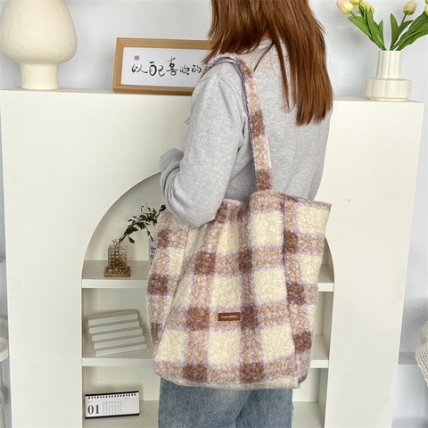 Borsa Tote In Peluche Grande Capacità Reversibile A Quadretti Lana Di Agnello Borsa A Spalla Casual Donna Stile Coreano