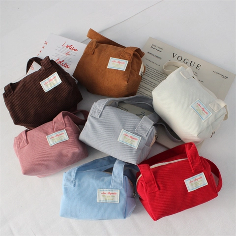Corduroy Handbag Minimalist Solid Color Small Portable Travel Storage Organizer Pouch Zipper Closure Double Handles For Women