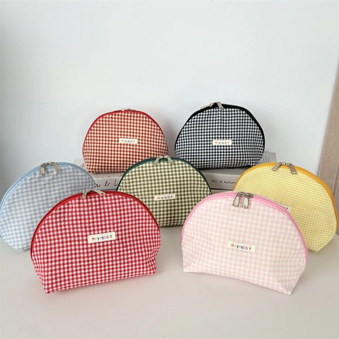 Gingham Make-Up Tas Schelpvorm Katoen Grote Capaciteit Rits Draagbare Reis Cosmetische Tas Voor Vrouwen