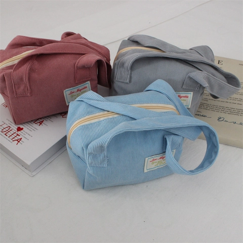 Corduroy Handbag Minimalist Solid Color Small Portable Travel Storage Organizer Pouch Zipper Closure Double Handles For Women