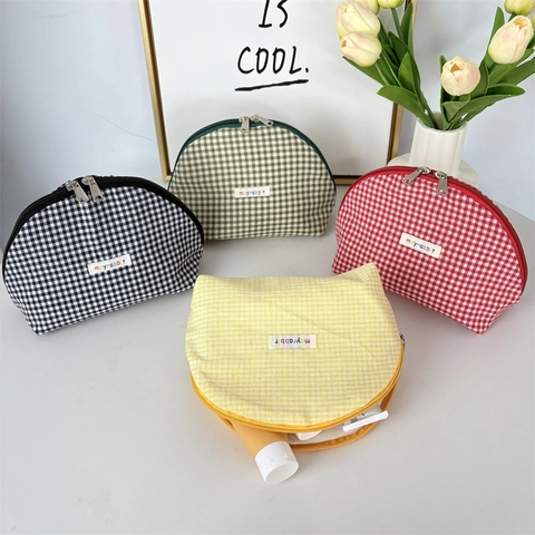 Gingham Make-Up Tas Schelpvorm Katoen Grote Capaciteit Rits Draagbare Reis Cosmetische Tas Voor Vrouwen
