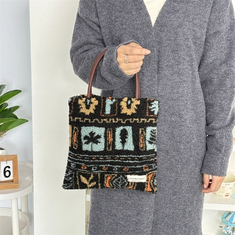 Borsa Tote In Peluche Retro Stampato Lana Di Agnello Con Manici In Pelle E Fodera In Tela Per Inverno Autunno Stile Coreano