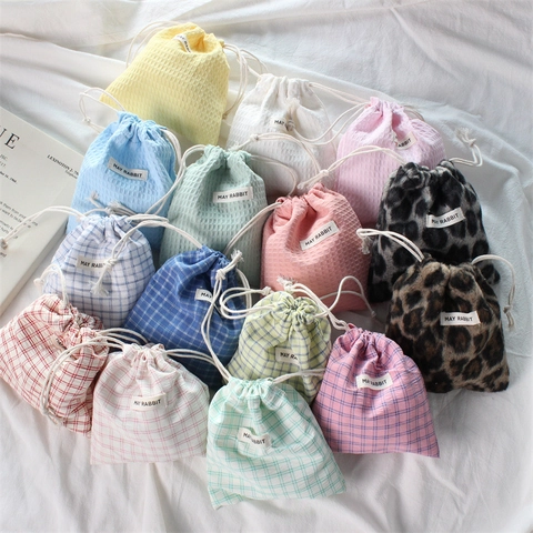 Portable Drawstring Storage Pouch Waffle Fabric Plaid Pattern Leopard Plush Cosmetic Organizer Travel Makeup Sundries Small Bag