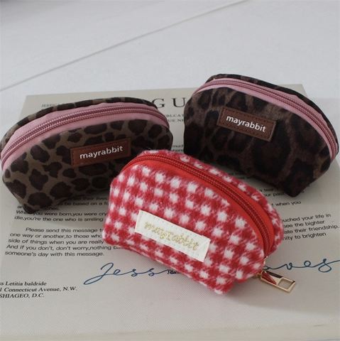Mini Münzbörse Wildleder Wolle Leopard Karo Muschel Lippenstift Make-Up Aufbewahrungstasche Tragbar Retro Reißverschlusstasche