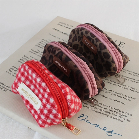 Mini Münzbörse Wildleder Wolle Leopard Karo Muschel Lippenstift Make-Up Aufbewahrungstasche Tragbar Retro Reißverschlusstasche