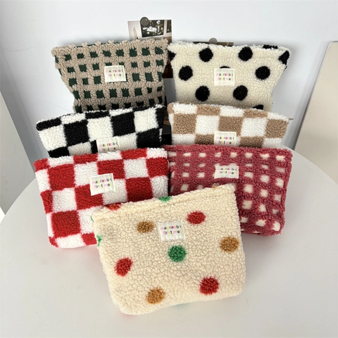 Borsa Da Trucco In Peluche Scacchiera Lana D'agnello Grande Capacità Beauty Case Cosmetico Organizzatore Da Viaggio Donne