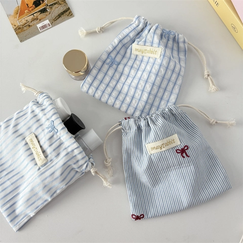 Borsa Portaoggetti Con Coulisse A Righe Quadri Tessuto Organizzatore Trucco Da Viaggio Antipolvere Fiocco Portatile Scrivania
