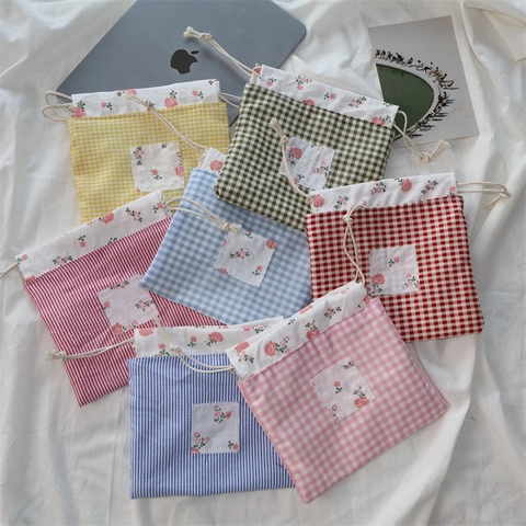 Borsa Di Stoccaggio Con Coulisse Quadri Righe Pochette In Tessuto Portatile Per Assorbenti Trucco Gioielli Viaggio