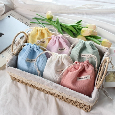 Portable Drawstring Storage Pouch Waffle Fabric Plaid Pattern Leopard Plush Cosmetic Organizer Travel Makeup Sundries Small Bag