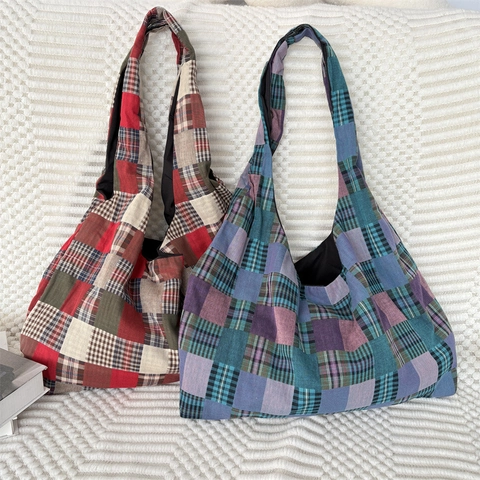 Vintage Plaid Patchwork Hobo Shoulder Bag Large Capacity Checkered Pattern Polyester Fabric Retro Tote Bag For Women