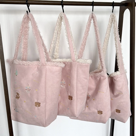 Plush Fleece Tote Bag Large Capacity Winter Cute Cartoon Embroidery Shoulder Bag For Women Students