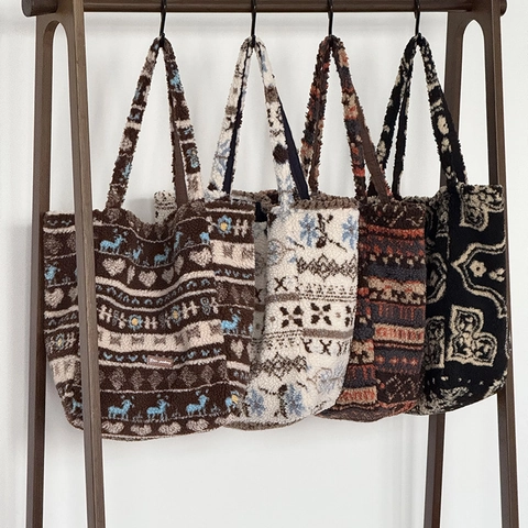Pluche Draagtas Grote Capaciteit Winter Lamswol Handtas Voor Dames Jacquard Rendier Etnisch Patroon Woon-Werkverkeer Dubbelzijdig