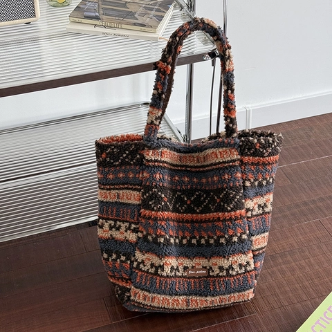 Pluche Draagtas Grote Capaciteit Winter Lamswol Handtas Voor Dames Jacquard Rendier Etnisch Patroon Woon-Werkverkeer Dubbelzijdig