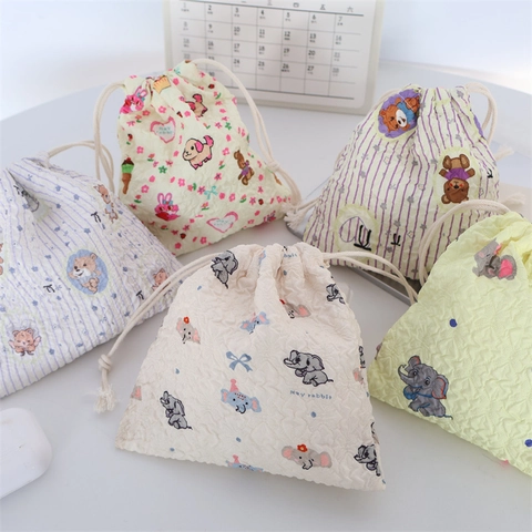 Drawstring Storage Bag Polyester Seersucker Fabric Portable Organizer Pouch Cute Cartoon Animal Print Travel Cosmetic Container