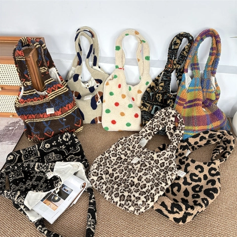 Pluche Tote Bag Voor Dames Grote Capaciteit Schoudertas Van Kunstbont Luipaard Ruit Patroon Casual Woon Werkverkeer