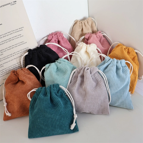 Corduroy Drawstring Storage Bag Solid Color Portable Makeup Pouch Jewelry Organizer Travel Small Gift Packing Bag