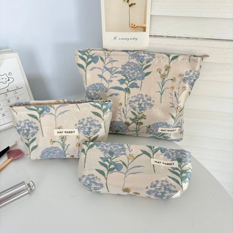 Borsa Per Trucco Elegante In Jacquard Motivo Floreale Dente Di Leone Blu Grande Capacità Cerniera Viaggio Pochette In Tela
