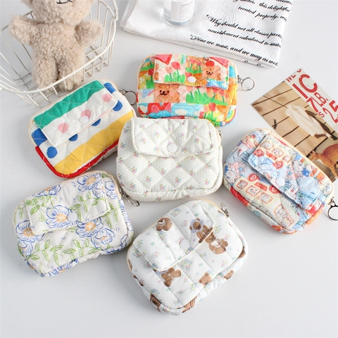 Quilted Cotton Coin Purse Mini Storage Pouch With Zipper And Snap Button Front Pocket Cartoon Floral Pattern For Women