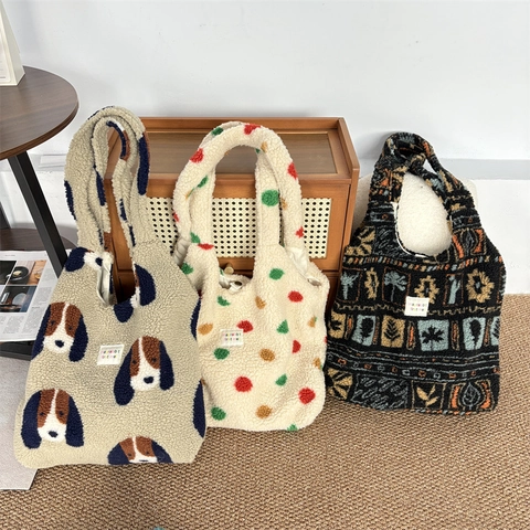Pluche Tote Bag Voor Dames Grote Capaciteit Schoudertas Van Kunstbont Luipaard Ruit Patroon Casual Woon Werkverkeer