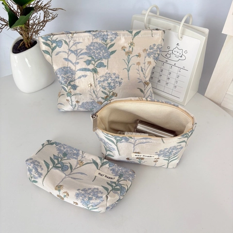 Borsa Per Trucco Elegante In Jacquard Motivo Floreale Dente Di Leone Blu Grande Capacità Cerniera Viaggio Pochette In Tela