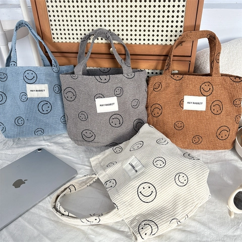 Corduroy Handbag Smiling Face Pattern Portable Tote Bag Casual Versatile Large Capacity Storage Pouch For Women Daily Commute