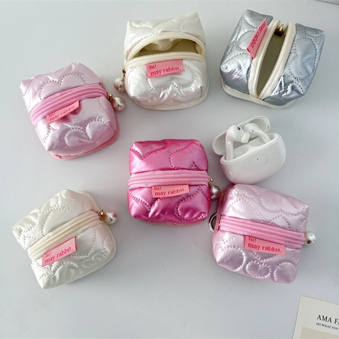 Mini Kopfhörer Tasche PU Gesteppt Tragbare Münzbörse Herz Schleife Design Reißverschluss Mit Künstliche Perlenanhänger Für Kopfhörer Zubehör