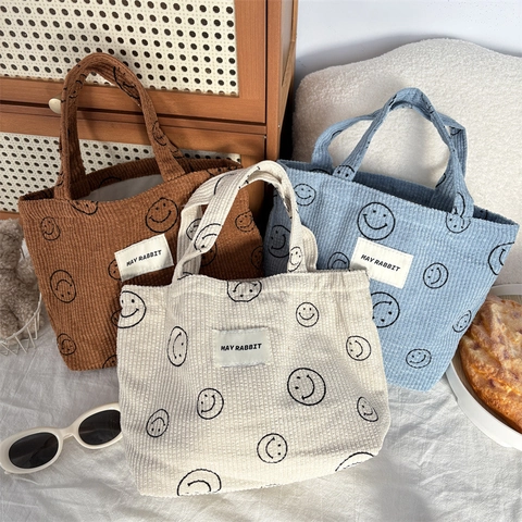 Corduroy Handbag Smiling Face Pattern Portable Tote Bag Casual Versatile Large Capacity Storage Pouch For Women Daily Commute