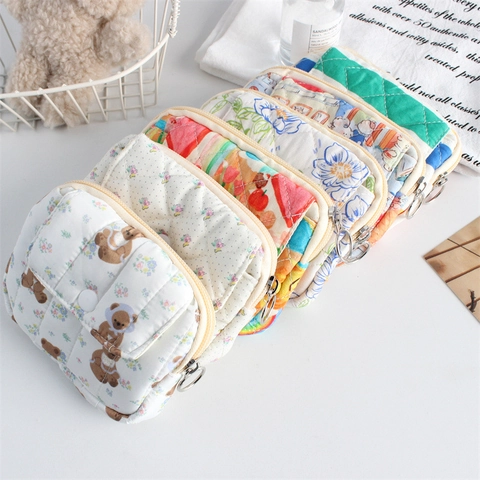 Quilted Cotton Coin Purse Mini Storage Pouch With Zipper And Snap Button Front Pocket Cartoon Floral Pattern For Women