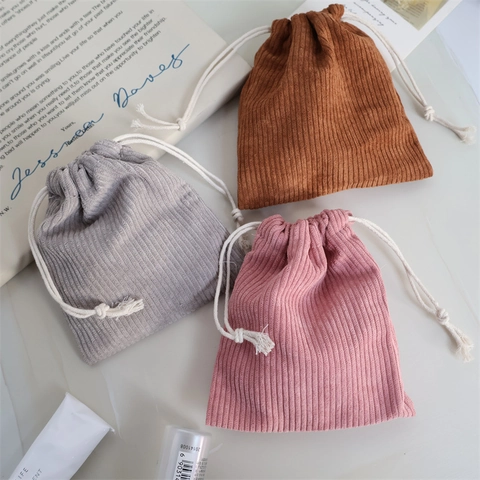 Corduroy Drawstring Storage Bag Solid Color Portable Makeup Pouch Jewelry Organizer Travel Small Gift Packing Bag