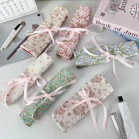 Borsa Per Pennelli Da Trucco In Tessuto Floreale Organizzatore Cosmetico Arrotolabile Con Nastro Tasca Con Cerniera A Cuore