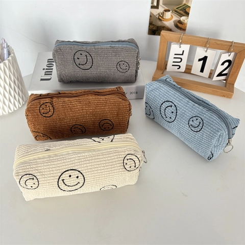 Corduroy Pencil Case Smiley Face Embroidered Large Capacity Stationery Organizer Zipper Pouch For Students Desktop Storage