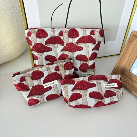 Pilz Muster Leinwand Kosmetiktasche Tragbare Reise Make-up Beutel Reißverschluss Kulturbeutel Organizer Retro Jacquard