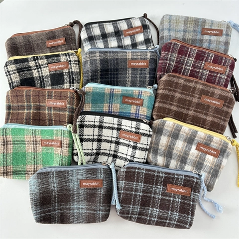 Retro Geruite Wollen Portemonnee Mini Opbergtas Ritssluiting Tweed Pouch Vintage Luipaardprint Voor Dames