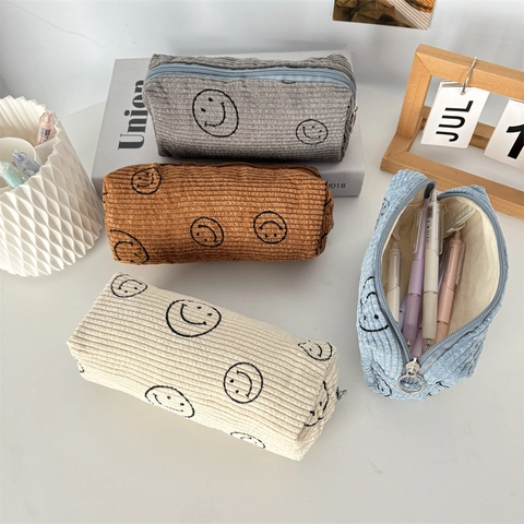 Corduroy Pencil Case Smiley Face Embroidered Large Capacity Stationery Organizer Zipper Pouch For Students Desktop Storage