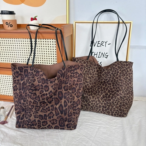 Bolso Tote Estampado De Leopardo Gamuza Sintética Gran Capacidad Bolso De Hombro Con Bolsa Interior Mujer Chic
