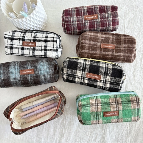 Retro Wollen Etui Met Ruitjespatroon Grote Capaciteit Briefpapier Opbergtas Vintage Make-Up Tasje