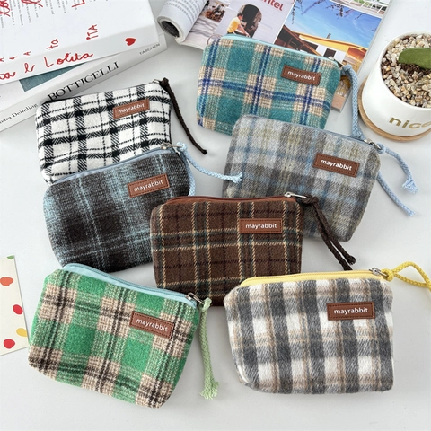 Retro Geruite Wollen Portemonnee Mini Opbergtas Ritssluiting Tweed Pouch Vintage Luipaardprint Voor Dames