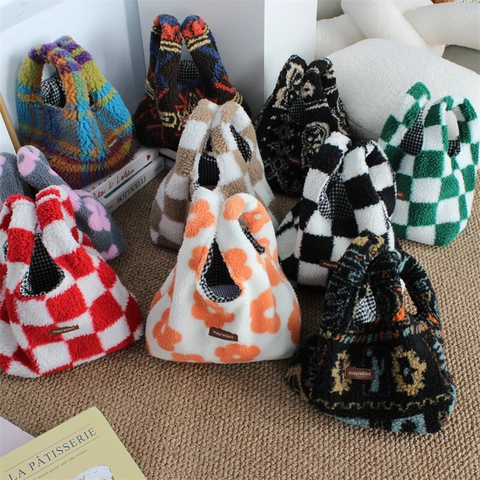 Borsa A Mano In Peluche Morbida Pelliccia Sintetica Tote Per Donna Autunno Inverno Motivi A Scacchi Fiori Piccola Borsa
