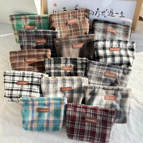 Retro Plaid Woolen Cosmetic Bag Portable Small Square Makeup Storage Pouch Zipper Closure Tweed Pouch For Women Travel