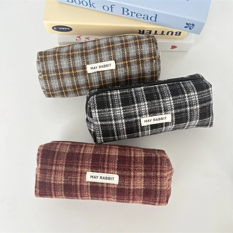 Astuccio Per Matite Grande Capacità Plaid Lana Tweed Astuccio Per Cancelleria Rétro A Quadri Cerniera Organizzatore Trucco Per Studenti
