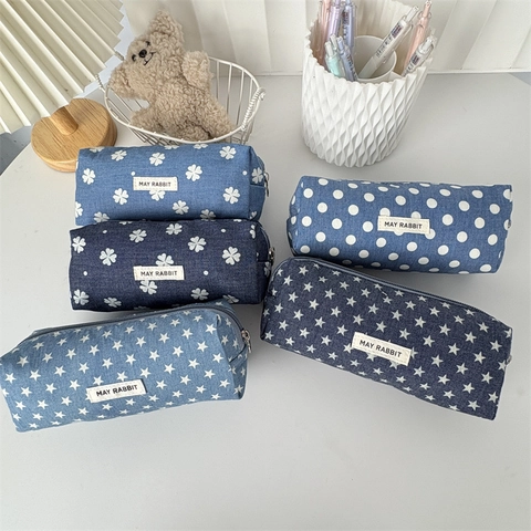 Astuccio Per Matite Con Stampa Vintage Tela Denim Borsa Per Cancelleria Grande Capacità Custodia Con Cerniera Portatile Per Studenti
