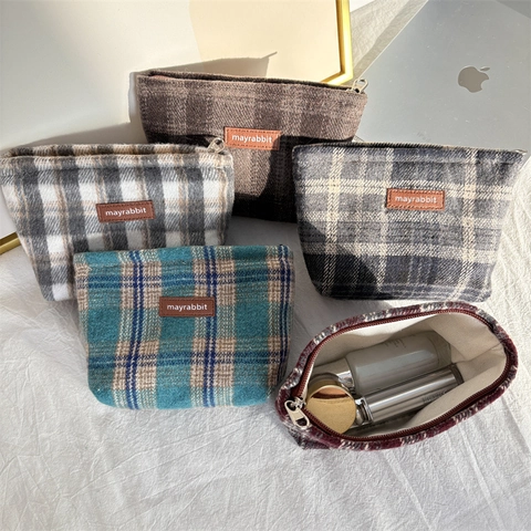 Retro Plaid Woolen Cosmetic Bag Portable Small Square Makeup Storage Pouch Zipper Closure Tweed Pouch For Women Travel