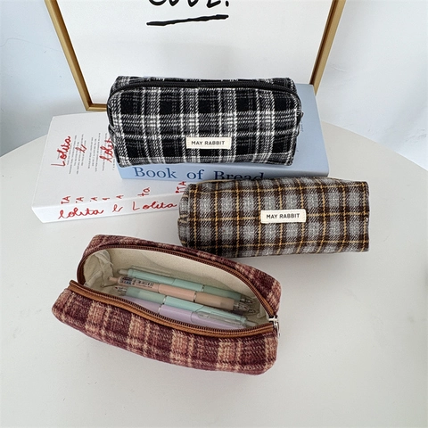 Astuccio Per Matite Grande Capacità Plaid Lana Tweed Astuccio Per Cancelleria Rétro A Quadri Cerniera Organizzatore Trucco Per Studenti