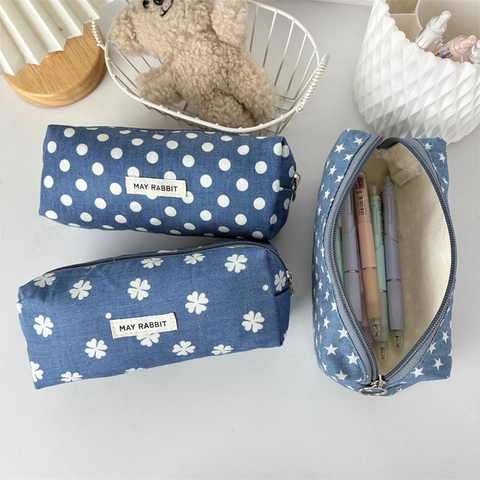 Astuccio Per Matite Con Stampa Vintage Tela Denim Borsa Per Cancelleria Grande Capacità Custodia Con Cerniera Portatile Per Studenti